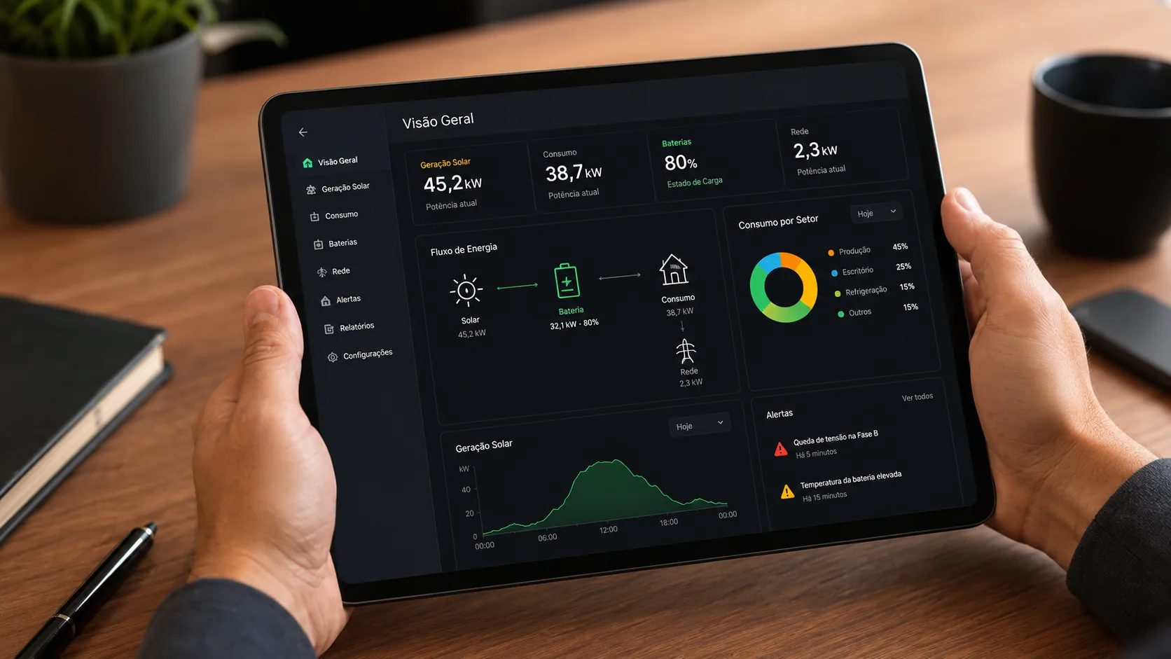 Painel de monitoramento de energia solar em tempo real exibido em um tablet